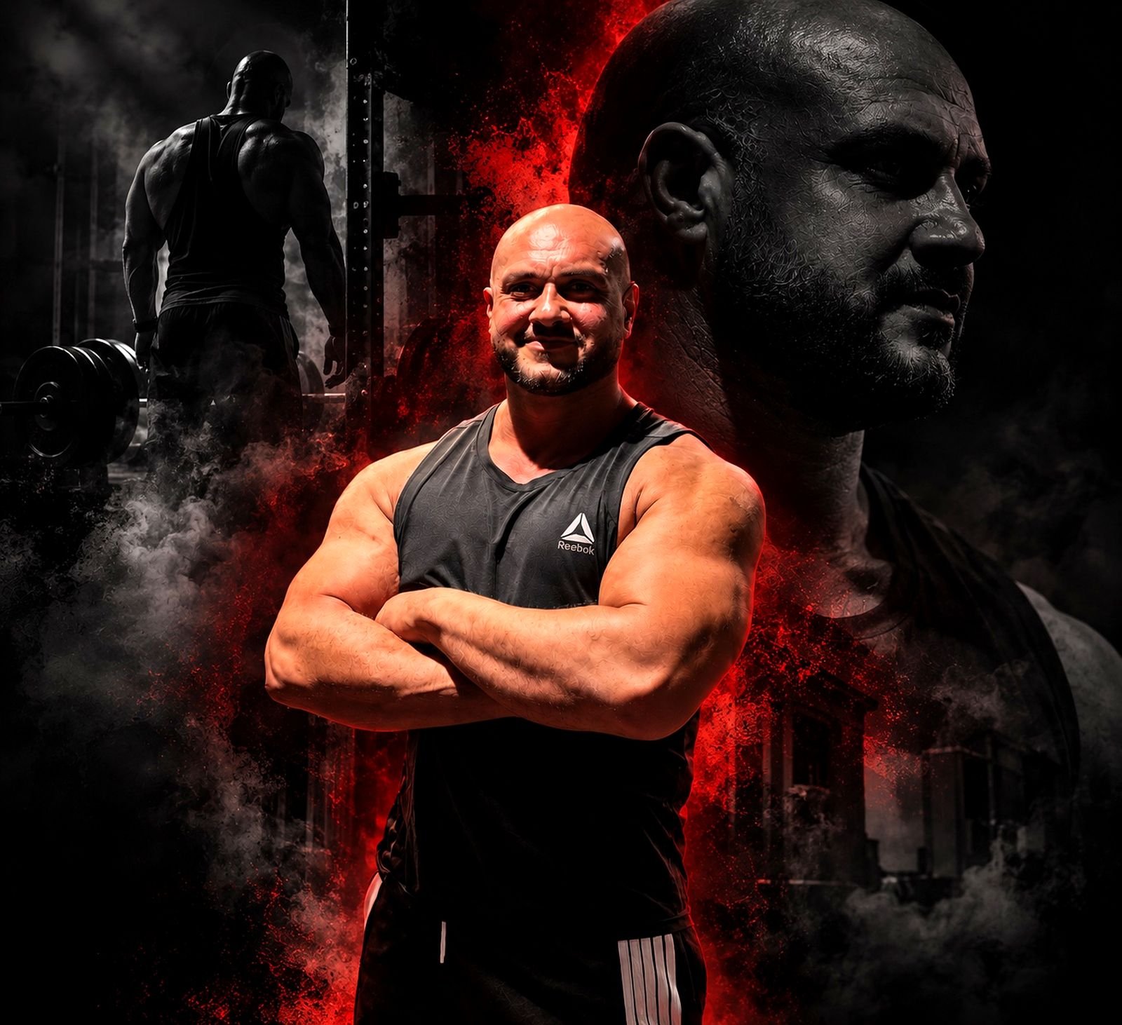 Coach Mido, arms crossed, in a dark gym with red smoke